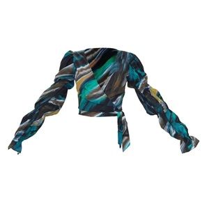 Green woven abstract print tie front blouse